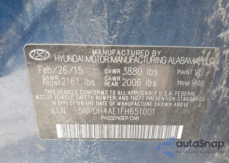 2015 Hyundai Elantra Se z USA, uszkodzony, nr VIN 5NPDH4AE1FH651001